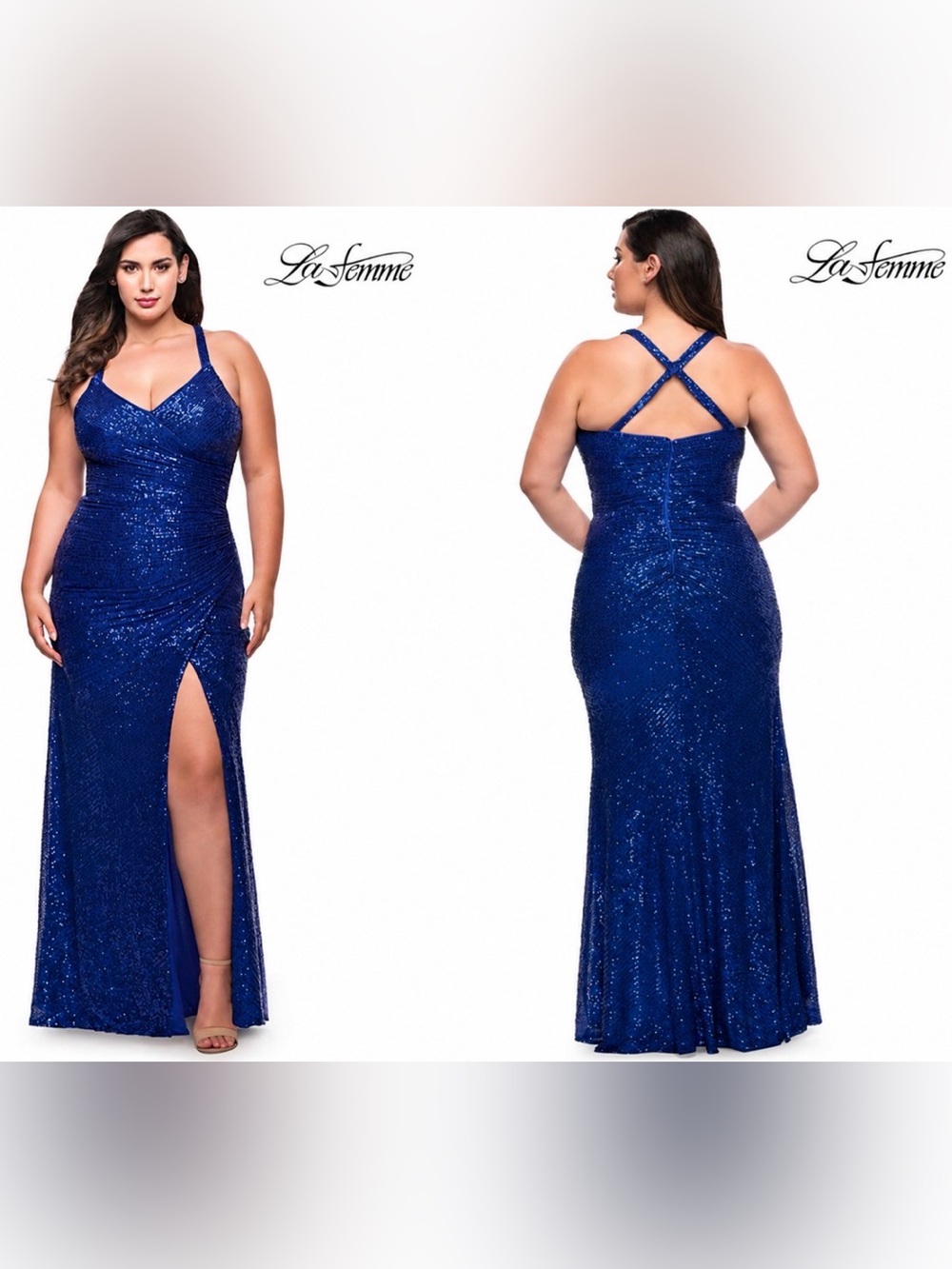 LA FEMME Curve Blue Sequin Formal Thigh Slit Open Back Dress Sz 16 Homecoming